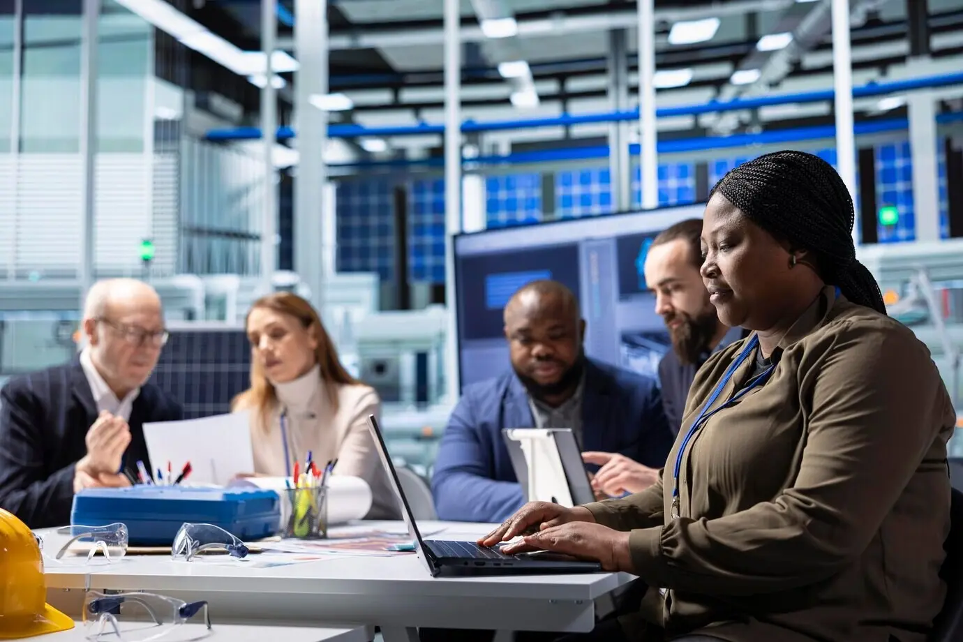 Shareholders in a production plant conducting research on laptops.