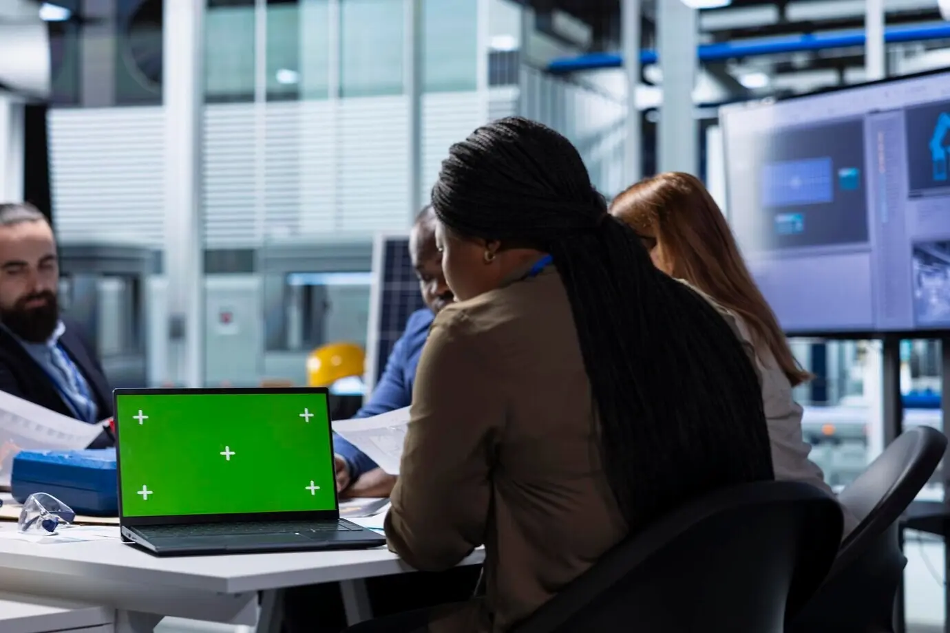 A factory specialist studies new photovoltaic materials on a mockup tablet.