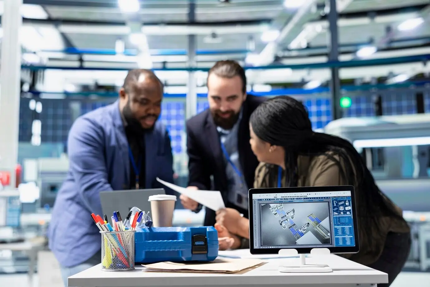 A diverse group of factory supervisors engaged in a briefing on production metrics.