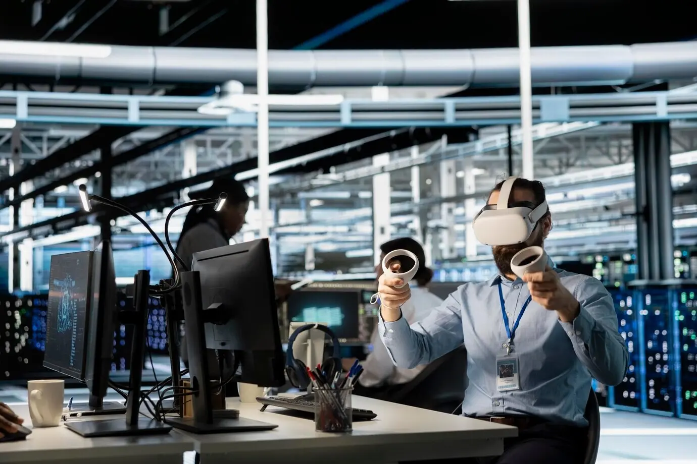 An engineer in a data center uses VR headset technology to verify parameters.